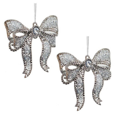 Christmas Tree Hanging DecorationsPewter & Silver Bow Pack Of 2 from B&Q
