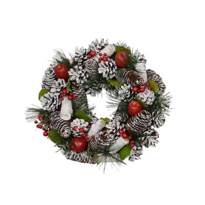 Christmas Wreath 30CmFrosted Pine Cones & Red Apples from B&Q