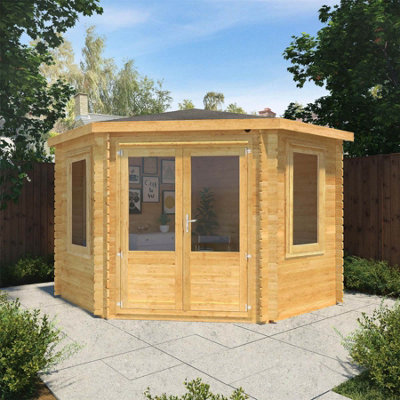 Waltons Wooden 3M X 3M Corner Log Cabin Summerhouse Garden Room - 34mm Double Glazed