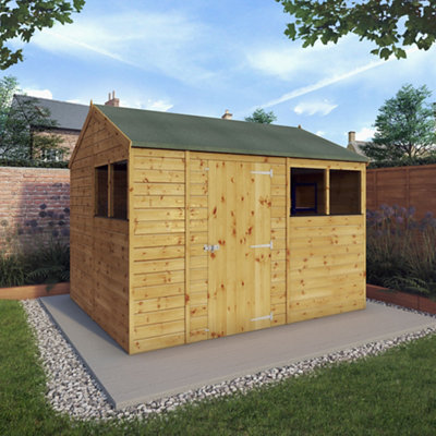 B&Q -  Tongue & Groove 10X8 Ft Reverse Apex Wooden Dip Treated Shed With Floor & 4 Windows