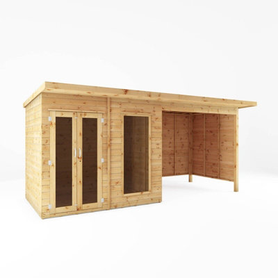 Waltons 16 X 6 Wooden Summerhouse With Patio Area Double Doors Tongue And Groove Pent Garden Room