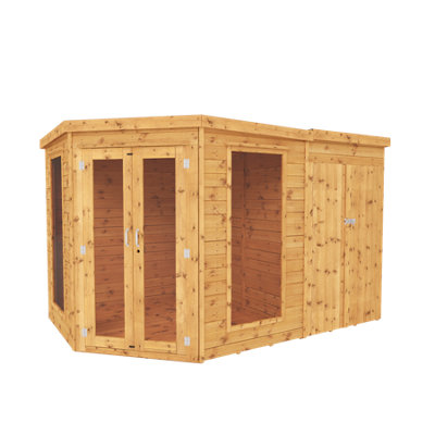 Waltons 11 X 7 Corner Summerhouse And Side Shed Flat Roof Wooden Tongue And Groove Double Door Garden Room