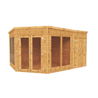 Waltons 13 X 9 Corner Summerhouse And Side Shed Flat Roof Wooden Tongue And Groove Double Door Garden Room-36961 