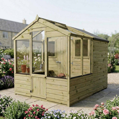 B&Q -  8 X 6 Traditional Wooden Greenhouse With Side Potting Shed Apex Tongue And Groove