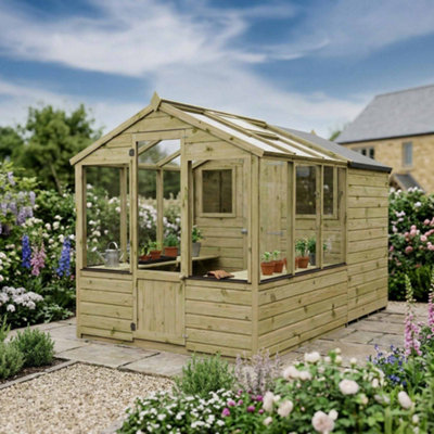B&Q -  10 X 6 Traditional Wooden Greenhouse With Side Potting Shed Apex Tongue And Groove