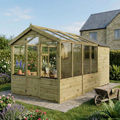 B&Q -  12 X 6 Traditional Wooden Greenhouse With Side Potting Shed Apex Tongue And Groove