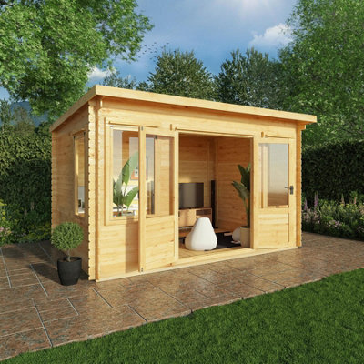 Waltons 4M X 3M Wooden Log Cabin Pent Roof Double Doors Opening Windows 19mm Log Thickness