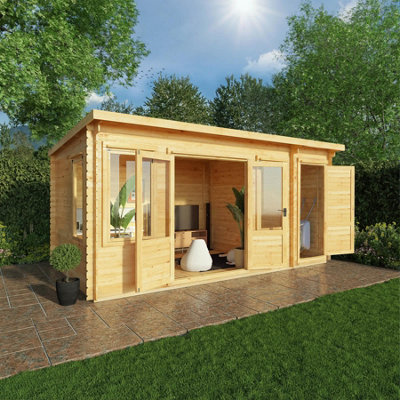 Waltons 5.1M X 3M Wooden Log Cabin With Side Storage Shed Double Doors Opening Windows 19mm Log Thickness