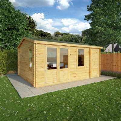 Waltons 5.1M X 4M Wooden Home Office 44mm Log Cabin With Side Shed Garden Room-36981 