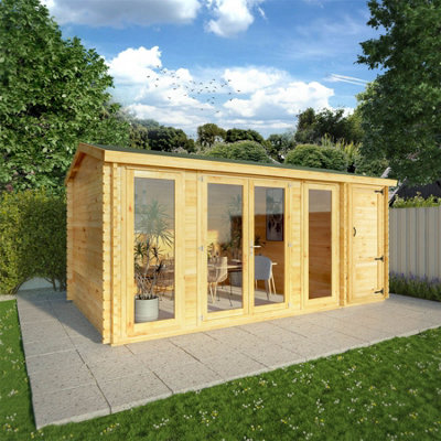 Waltons 5.1M X 3M 28mm Wooden Log Cabin With Side Shed Outdoor Garden Room