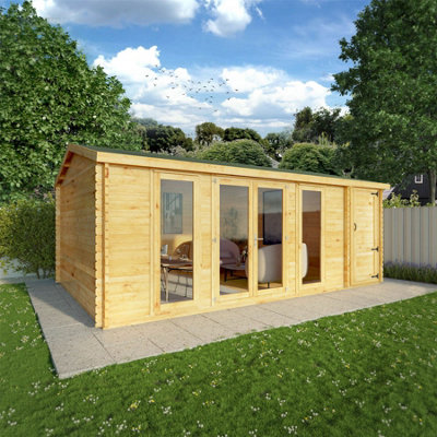 Waltons 6.1M X 4M 28mm Wooden Log Cabin With Side Shed Outdoor Garden Room