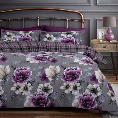 Velosso Monochrome Floral Printed Cotton Blend Duvet Cover & Pillowcase SetButton EnclosureMachine WashablePurple from B&Q