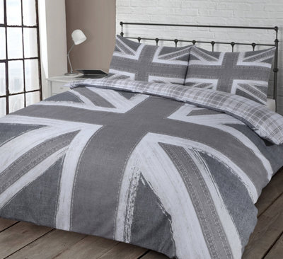 Velosso Union Jack Design Duvet Cover & Pillowcase SetBritish FlagEasy Care Bedding With Button EnclosureModern PrintGrey from B&Q