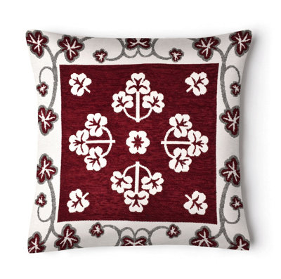 Ashley Mills Classic Floral Chenille Square CushionDecorative Sofa Throw Cushion With Zip ClosureDurable Chenille WeaveWine from B&Q