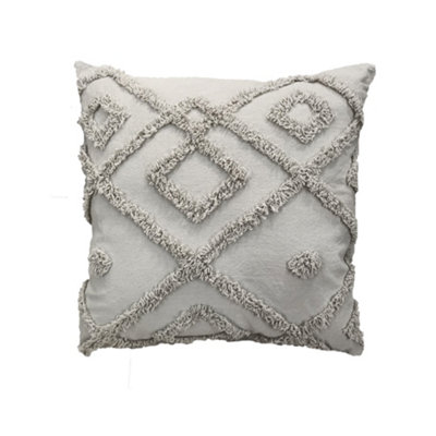 Velosso Bohemian Tufted Design Square CushionSoft Cotton Textured WeaveZip ClosureMachine WashableGrey from B&Q