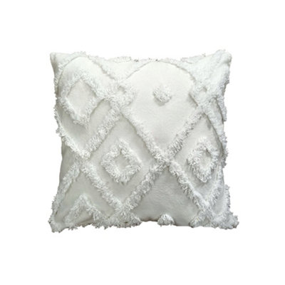 Velosso Bohemian Tufted Design Square CushionSoft Cotton Textured WeaveZip ClosureMachine WashableWhite from B&Q