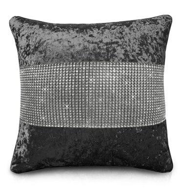 Intimates Crushed Velvet Luxury CushionDiamante DetailZip ClosureElegant Sofa And Living Room DecorCharcoal from B&Q