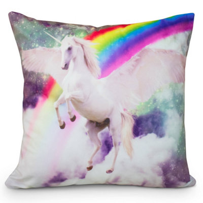 Velosso Whimsical Unicorn Printed CushionMicro Mink FabricZip ClosureMachine WashableVibrant Rainbow DesignMulticolour from B&Q