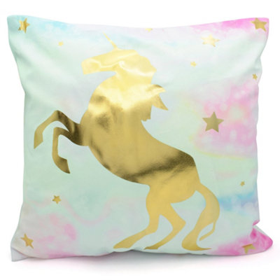Velosso Whimsical Unicorn Art Micro Mink Cushion With Durable Zip Closure & Machine WashableGold from B&Q