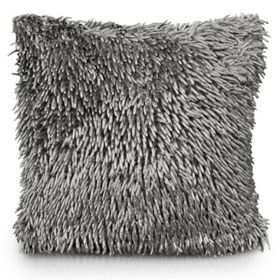 Velosso Velvet Touch Shaggy Chenille CushionSoft TextureZip ClosureMachine WashableLuxury Living Room DecorSilver from B&Q