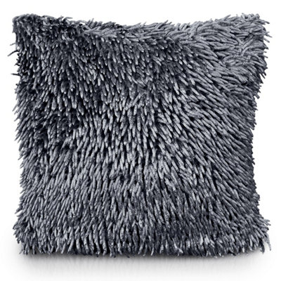 Velosso Velvet Touch Shaggy Chenille CushionSoft TextureZip ClosureMachine WashableLuxury Living Room DecorCharcoal from B&Q