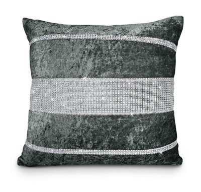 Intimates Luxury Crushed Velvet CushionDiamonte DetailDecorative Sofa CushionGlam Living Room DecorCharcoal from B&Q