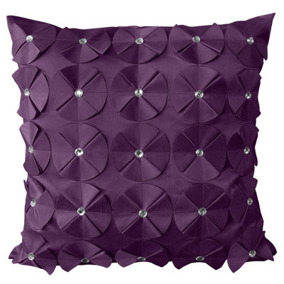 Intimates Diamante Studded 3D Petal Design Faux Silk CushionLuxurious & Soft Touch Square Throw CushionMachine WashableAubergine from B&Q
