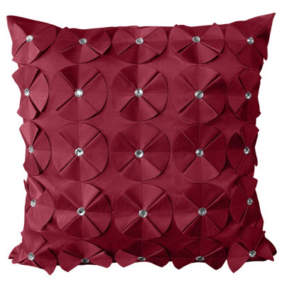 Intimates Diamante Studded 3D Petal Design Faux Silk CushionLuxurious & Soft Touch Square Throw CushionMachine WashableBurgundy from B&Q