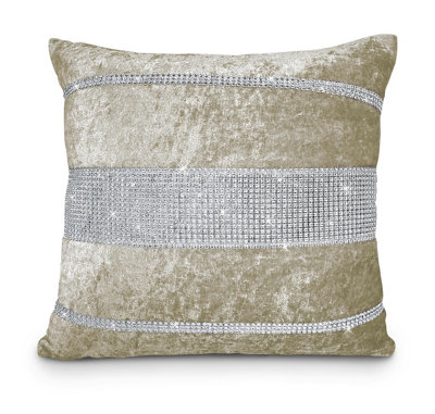 Intimates Luxury Crushed Velvet CushionDiamonte DetailDecorative Sofa CushionGlam Living Room DecorNatural from B&Q