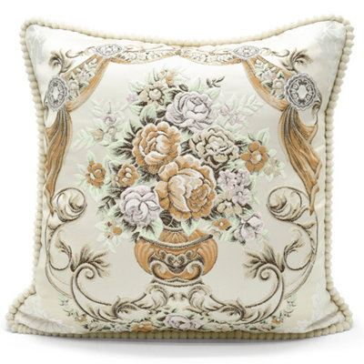 Intimates Floral Design Jacquard Chenille CushionVintage Decorative Throw CushionZip ClosureMachine WashableNatural from B&Q