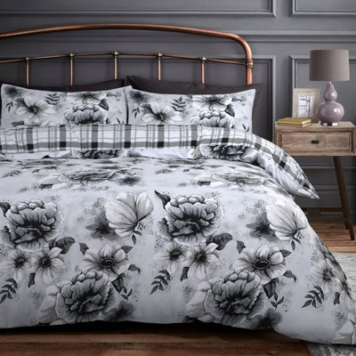 Velosso Monochrome Floral Printed Cotton Blend Duvet Cover & Pillowcase SetButton EnclosureMachine WashableGrey from B&Q