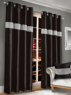 Intimates Elegant Faux Silk Curtains With Diamante PanelRing Top StyleMachine Cold WashableChic Window CoveringsBlack from B&Q