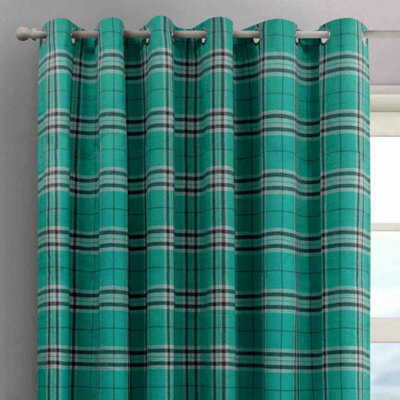 Intimates Hugo Check Ready Made Eyelet CurtainsTeal from B&Q