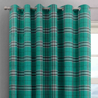 Intimates Hugo Check Ready Made Eyelet CurtainsTeal from B&Q