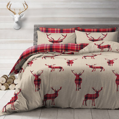 Velosso Rustic Bedding Set With Duvet Cover And PillowcaseCountry Chic Tartan Plaid And Stag PrintButton EnclosureNatural from B&Q