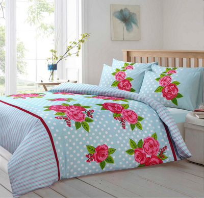 Velosso Cotton Blend Floral Print Duvet Cover Set With PillowcasesMachine WashableWrinkle Resistant Bedroom DecorDuck Egg from B&Q
