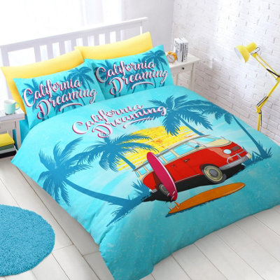 Velosso California Dreaming Duvet Cover & Pillowcase SetSurf Van Print BeddingTropical Beach ThemeMachine WashableMulticolour from B&Q