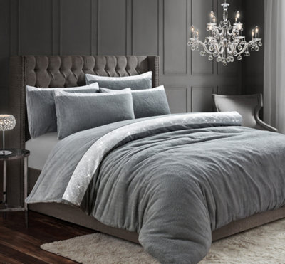 Velosso Beaux Shimmer Teddy Warm And Cosy Duvet Cover And Pillowcase SetSilver from B&Q