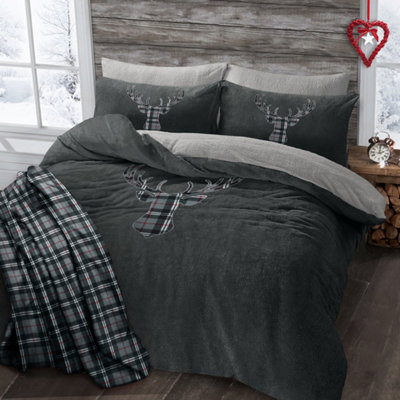 Velosso Teddy Fleece Duvet Cover & Pillowcase SetCosy Style Bedding SetBreathable FabricMachine Washable For Easy CareCharcoal from B&Q