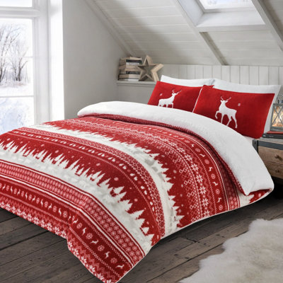 Velosso Teddy Fleece Duvet Cover & Pillowcase SetCosy Winter BeddingNordic Reindeer PatternFestive Scandinavian Style DecorRed from B&Q