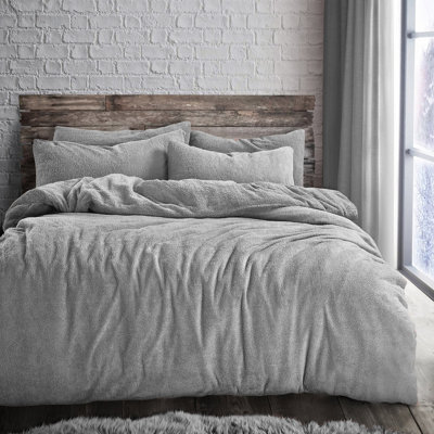 Velosso Teddy Fleece Duvet Cover & Pillowcase SetButton EnclosureMachine Washable Bedroom EssentialsAsh Grey from B&Q