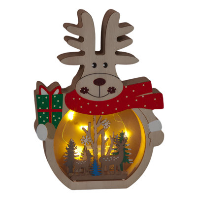 Snowtime Wooden Christmas Decoration Warm White Led Light Up Festive Reindeer Scene 20Cm from B&Q