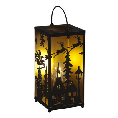 Snowtime 24Cm Metal Lantern With Santa Sleigh Scene Warm Led Light Christmas Décor from B&Q