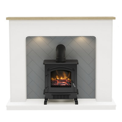 Be Modern White Charing & Oak Effect Freestanding Electric Fire Suite