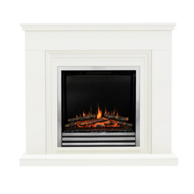 Newland Stanton 46" Soft White & Chrome Timber Electric Fireplace from B&Q