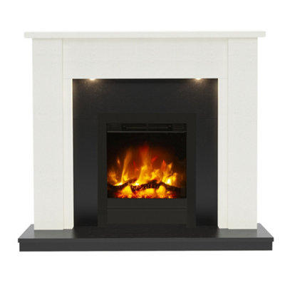 Newland Elda 48" White & Black Granite Effect Micro Marble Fireplace With Beam 16" Matt Black Inset Electric Fire from B&Q
