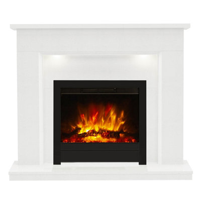 Newland Madalyn 52" White Micro Marble Fireplace With Beam 22" Matt Black Inset Electric Fire from B&Q