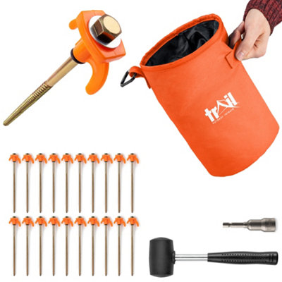 Trail Outdoor Leisure Trail 20Pc Screw Tent Pegs Hard Stony Ground With Mallet Peg Extractor And Bag from B&Q
