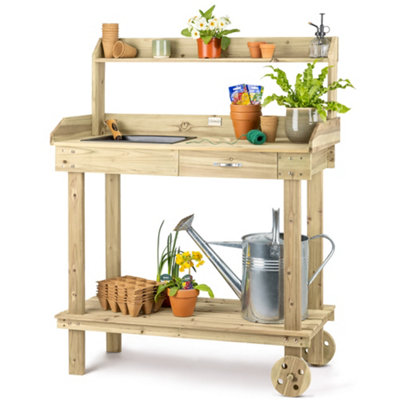 Christow Wooden Potting Garden Table Bench With Wheels from B&Q