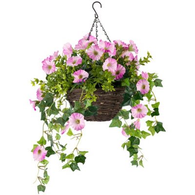 B&Q -  Artificial Petunia Wicker Hanging Basket Uv Resistant Foliage Pink 25Cm